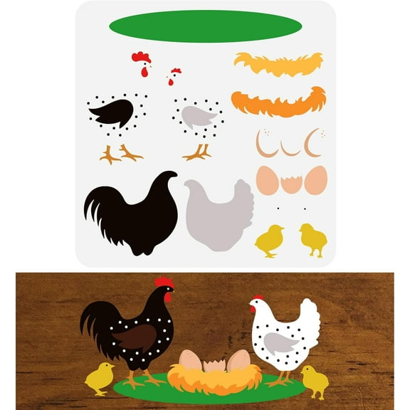 Layered Chicken Stencil 11.8x11.8inch Reusable Farmhouse Chickens and Eggs Drawing Stencils DIY Craft Hen Coop Decoration Template
