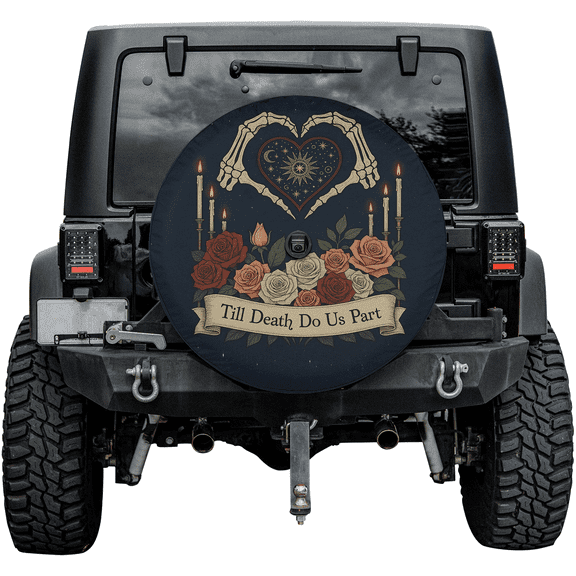 Till Death Do Us Part Skeleton Hands Graphic Spare Tire Cover – Gothic Rose Love Design Waterproof Vinyl Wheel Cover