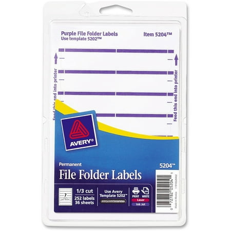 - Avery Print or Write File Folder Labels, 11/16 x 3 7/16, White/Purple Bar, 252/Pack