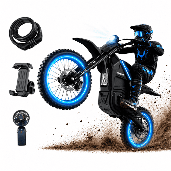 Yozma IN10 2600W Electric Dirt Bike, 40 MPH, 48V 23.4Ah, 53-Mile Range, Lock Phone Holder Fan Bundle, Black