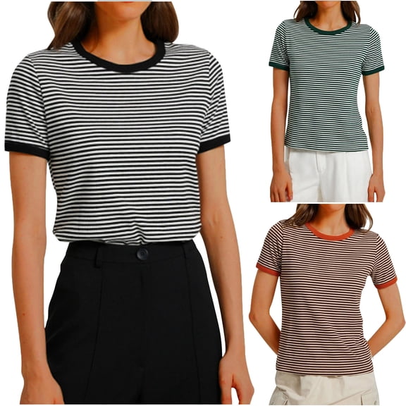 Women's Relaxed Fit Short Sleeve Striped Colorblock Round Neck Top Shirts Comfy Breathable Versatile Casual Daily Wear Weekends | CSEONE,Black L