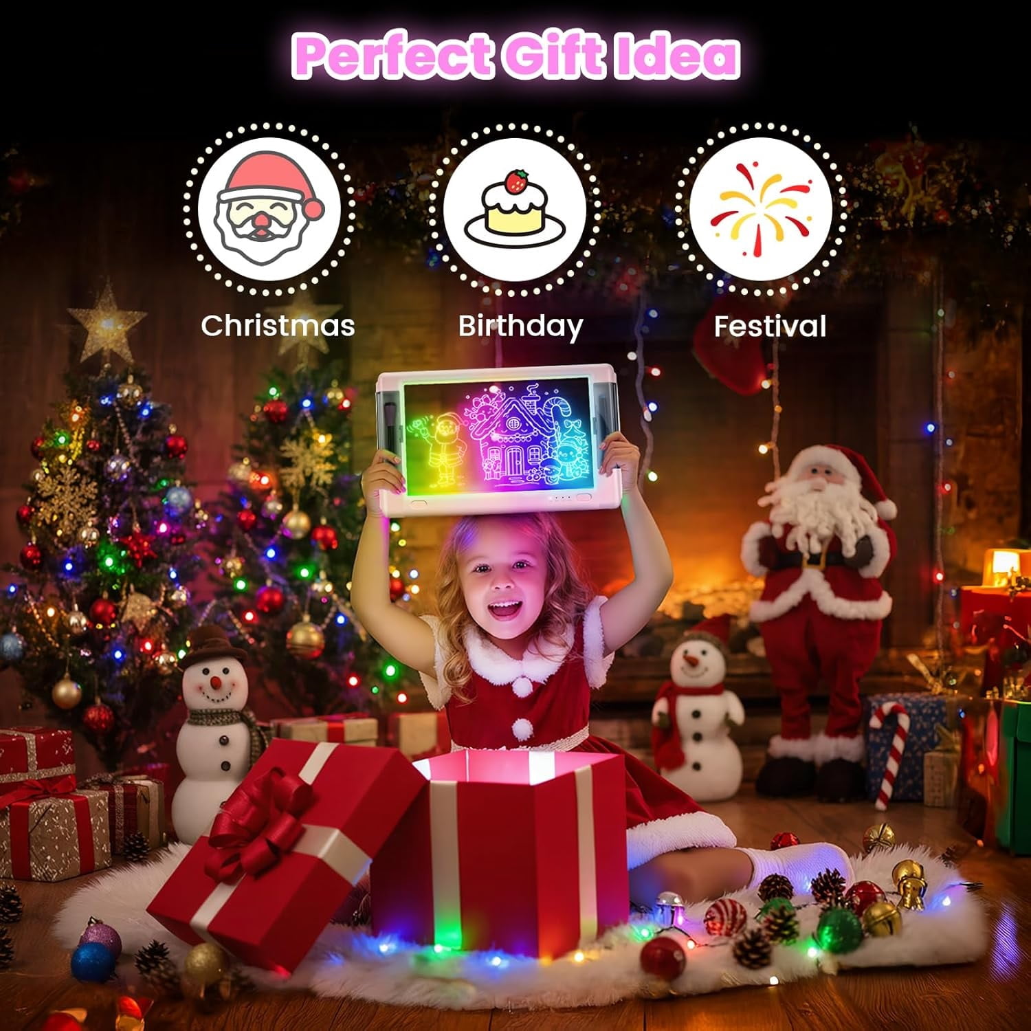 UKEXE 15 Inch Rechargeable LED Drawing Board - 9 Neon Light Modes, Portable Glow Art Tablet with Tracing Sheets, Creative Gift for Kids & Teens (Pink)