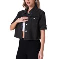 thumbnail image 4 of Chaqueta de mezclilla casual de mujer Inspire Chic con cuello de solapa, manga corta y botones, color negro, 4 of 6