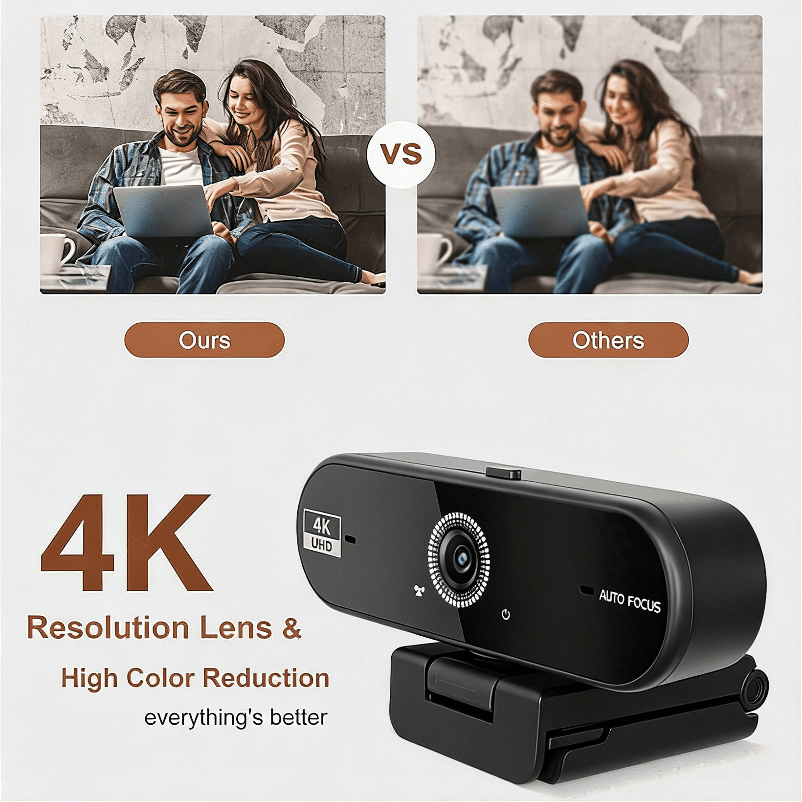 JETO W08 1-Pack 4K Webcam, 30fps Camera with Autofocus, Hidden Privacy Shutter, Noise-Reducing Mic, USB Plug and Play for Streaming and Conferencing