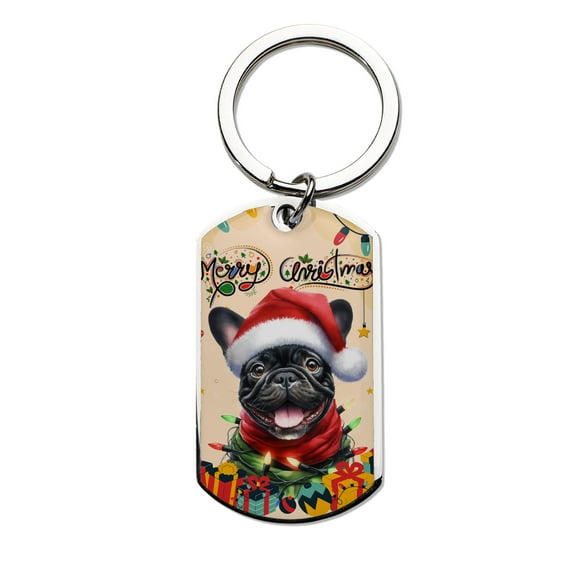Merry Christmas Santa French Bulldog Scarf Twinkling Lights Xmas Holiday Stainless Steel Keychain Dog Lover Gifts Collar Charm Tag Keyring - 00022