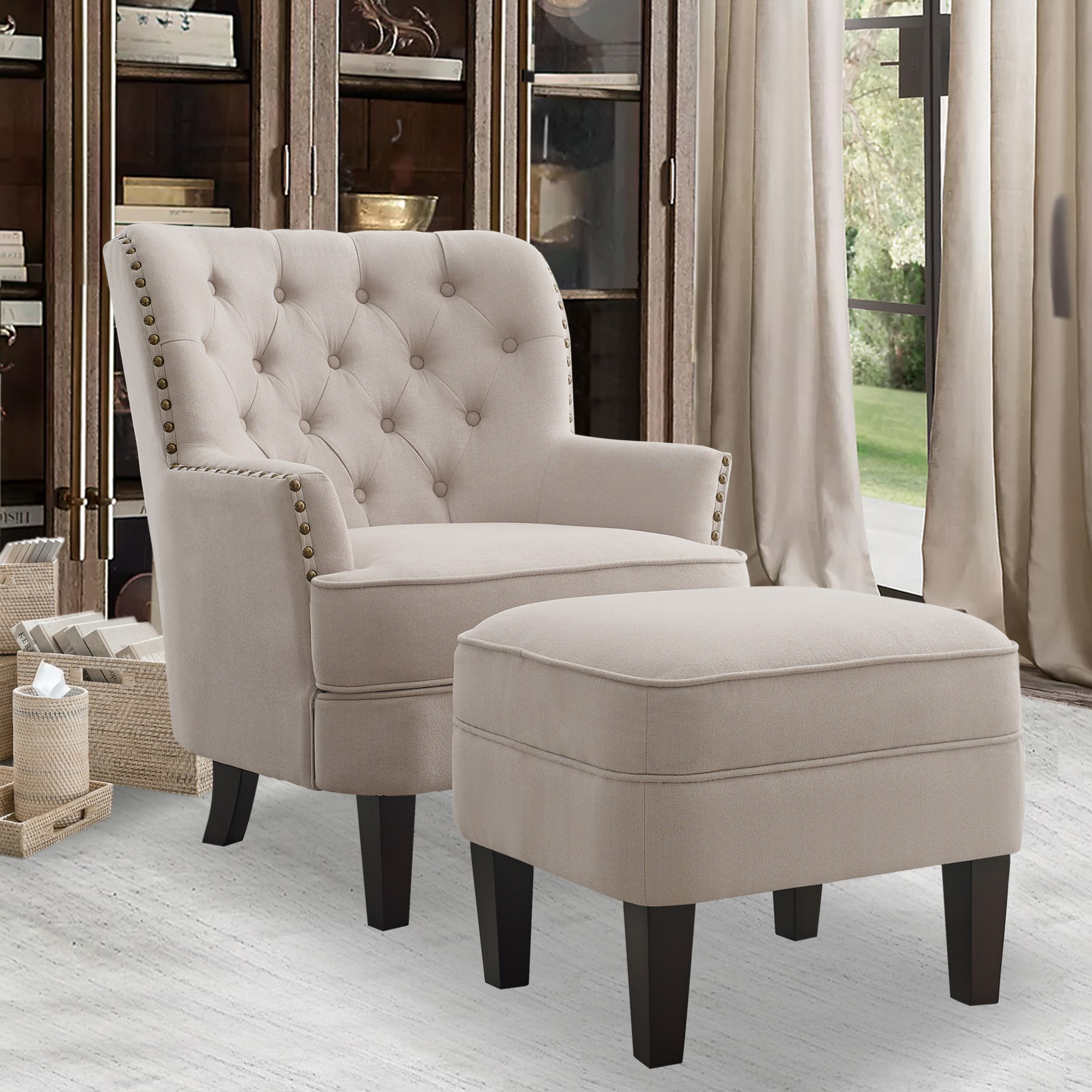 Gewnee Beige 30-Inch Armchair with 20-Inch Ottoman Style - Solid Rubberwood Legs, Breathable Linen Fabric, Suitable for Living Room & Balcony