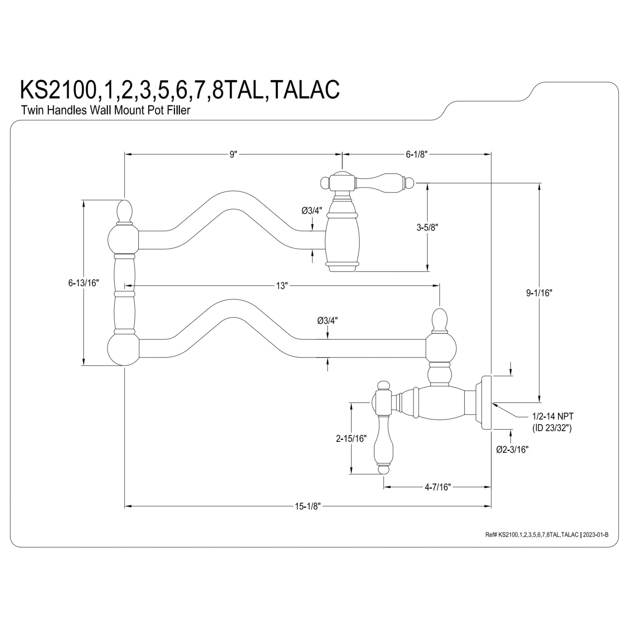 Kingston Brass KS2102TAL Tudor Two-Handle 1-Hole Wall Mount Pot Filler Faucet in Polished Brass