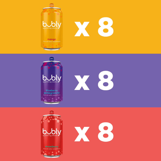 bubly Sparkling Water Variety Pack, (Mango , Blueberry Pomegranate, Strawberry) 12 fl. oz., 24 pk.