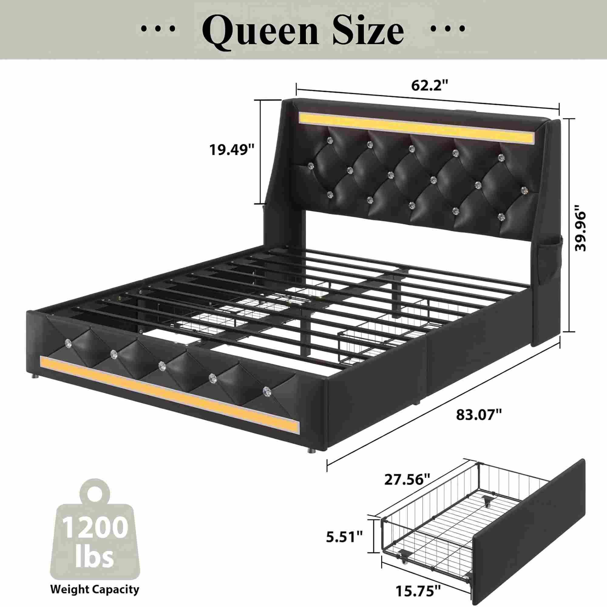 BSHTI Queen Size Faux Leather Upholstered Bed Frame with LED Lights, USB Type-C Ports, 2 Drawers, No Box Spring Needed for Bedroom(Black)