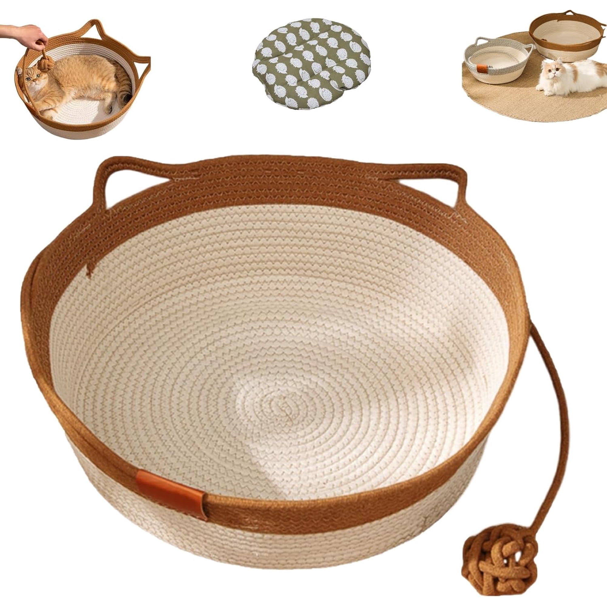 Stimulicat Cat Bed Rope Cotton, Stimuli cat Basket Bed, Cotton Rope Woven Round Cat Beds Basket with Built-in Teasing Ball, Handwoven Foldable Scratchable for Small & Large pet