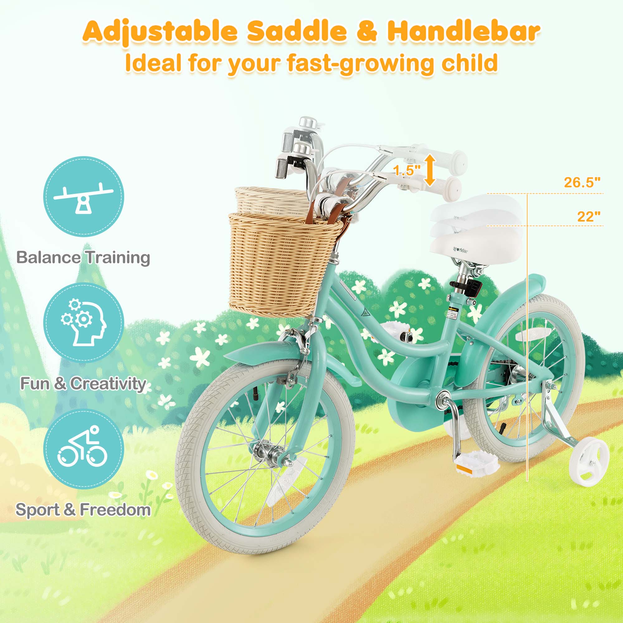 Costway 16-Inch Kids Bike with Training Wheels and Retro Basket photo 6