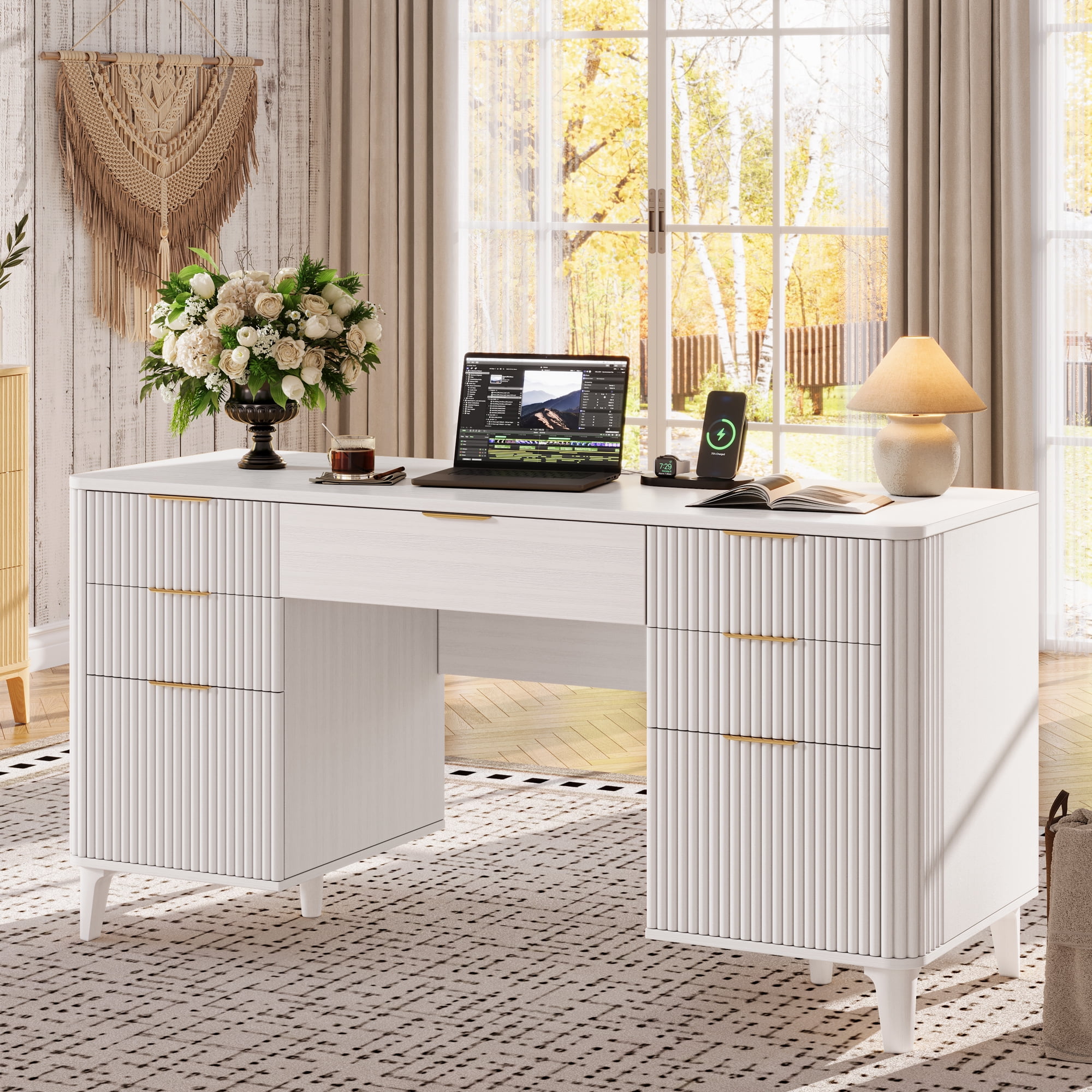 UGTOO White Modern 7-Drawer Desk with Power Strip – Home Office Storage & USB Charging Station (55.1" L x 19.6" W)