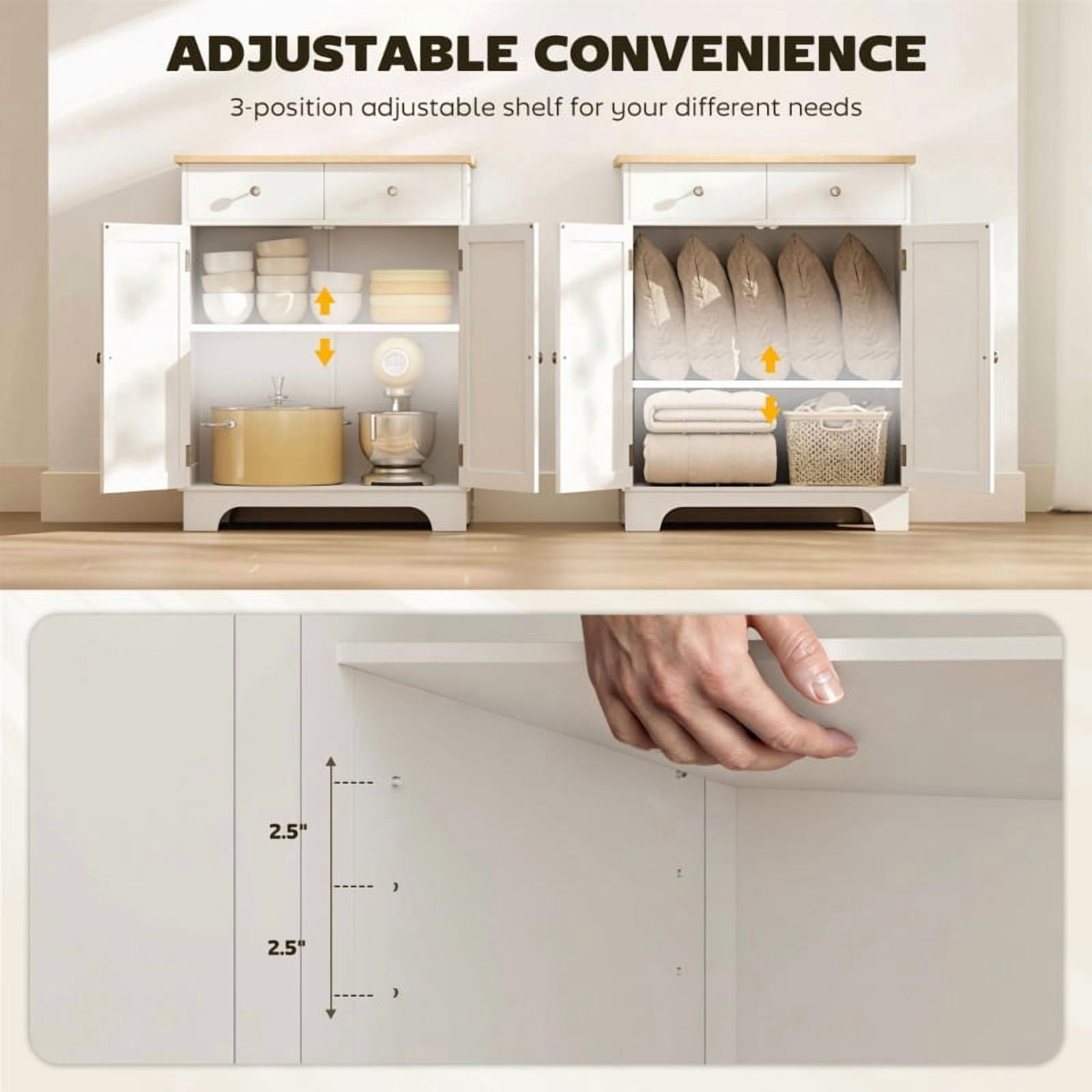 Alvantor Kitchen Floor Storage Cabinet with Solid Wood Top, Adjustable Shelf & 2 Drawers 26.8"x15.9"x33.5" White