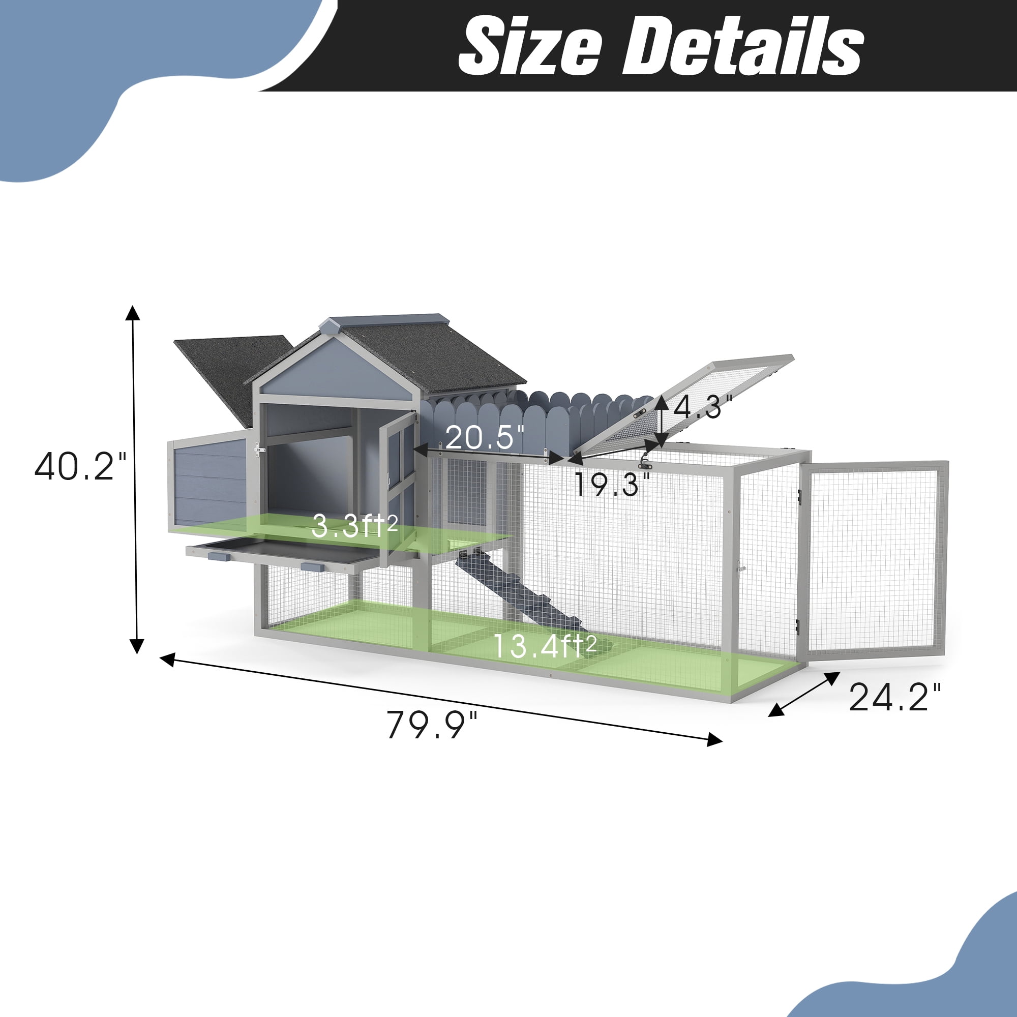 80" Wooden Chicken Coop, 2-Tier Backyard Hen House with Nesting Box, Run, Planter & PVC Roof, Easy-Clean Tray, Weatherproof Poultry Cage,Backyard Patio Poultry Habitat, Gray