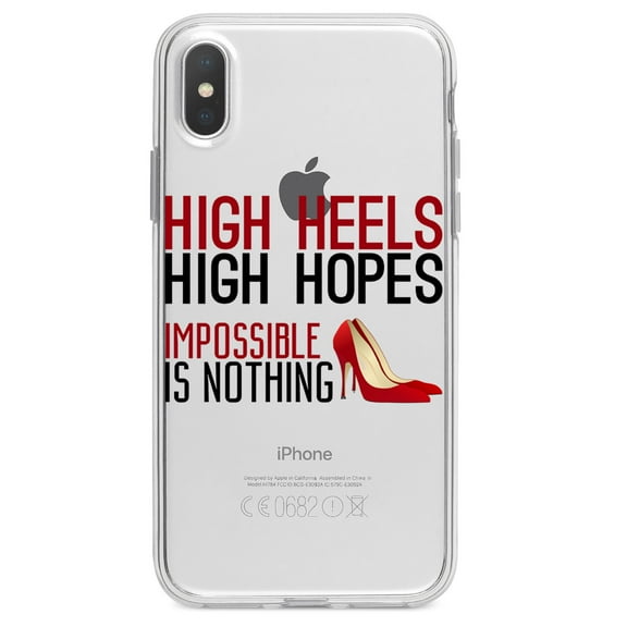 DistinctInk Clear Shockproof Hybrid Case for iPhone XR (6.1" Screen) - TPU Bumper Acrylic Back Tempered Glass Screen Protector - High Heels High Hopes Impossible Is Nothing