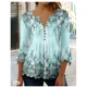 thumbnail image 4 of Tops de manga de siete cuartos para mujer, camiseta elegante con estampado de flores botánicas, blusa holgada informal con botones y cuello en V, 4 of 5