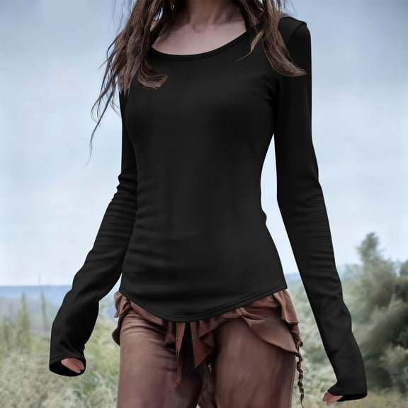 Qulqfy Long Sleeve Tops for Women Tight Going Out Black Blouses Crew Neck Plain Stretchy Shirts for Women
