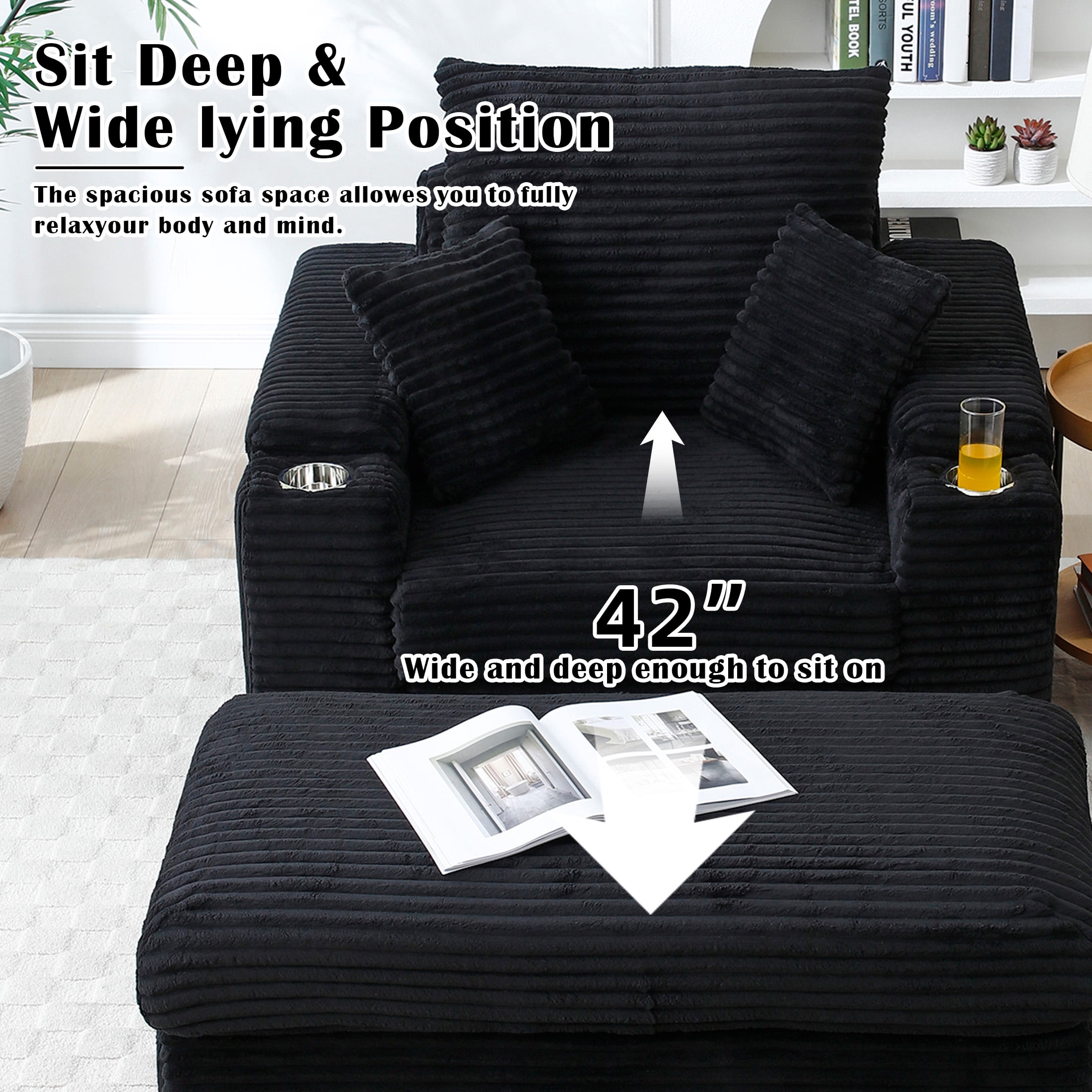 Aukfa 43 inch Corduroy Chaise w/ 2 Cupholders&Storage Ottoman, Plush Chair Bed, 3 Pillows, Black