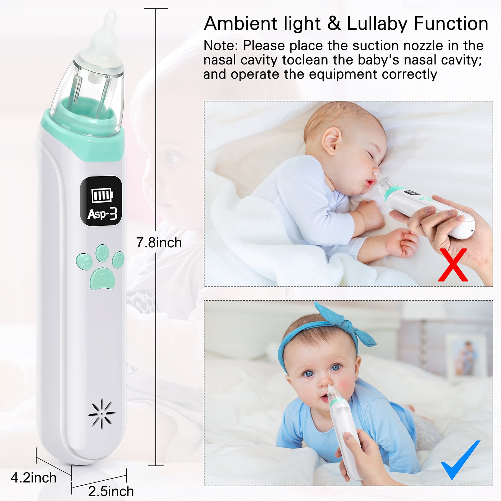 Rechargeable Nasal Aspirator for Baby, Electric Nose Sucker for Infants ,Automatic Nose Cleaner for Toddler,with Music & Colorful Lights,3 Strength Suction Levels