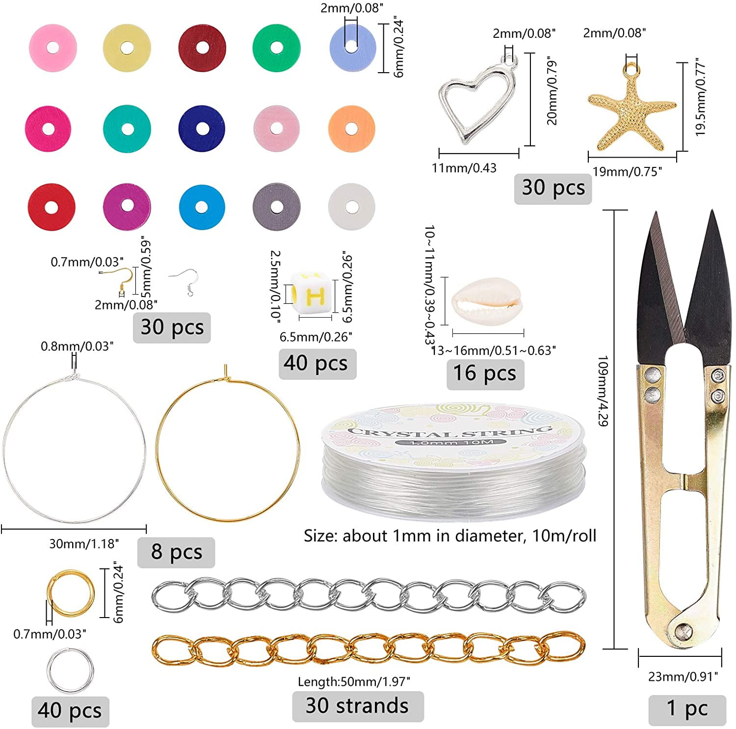 1 Set DIY Jewelry Set Makings with Alloy Pendants Brass Earring Hooks & Hoop Earrings Findings Cowrie Shell/Polymer Clay/Acrylic Beads Steel Scissors Elastic Thread Iron