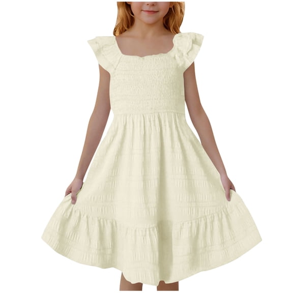 Abcomgle Girls Midi Dress Casual Smocked Double Layer Ruffle Sleeve Dresses A-Line Flowy Tiered Mini Dress Cute Boho Swing Pleated Sundress,Beige