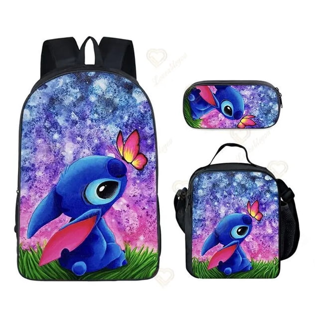 Mochila Disney Stitch de 3 piezas para escuela primaria y secundaria, bolsa de almuerzo, bolsa de lápices, suministros escolares impermeables