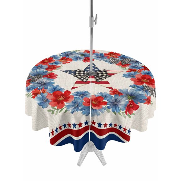 Outdoor Tablecloth with Umbrella Hole for Patio/Picnic/Party/Camping, Patriotic American Flag Waterproof Table Cloth Round Cover Washable, Blue Red Flowers Wreath Retro Beige (Dia 60")