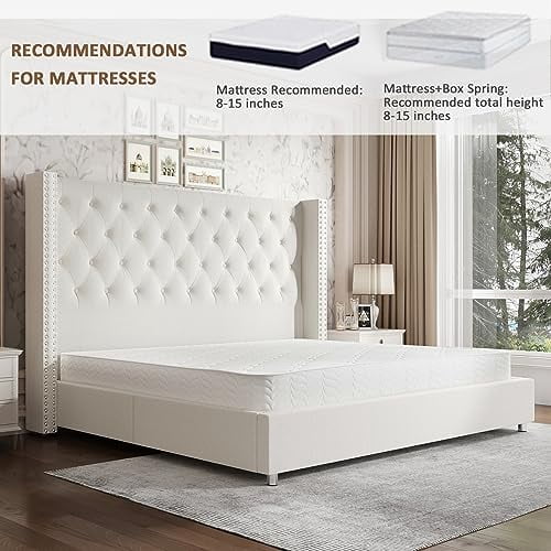 VanAcc King Upholstered Platform Bed Frame with Headboard, No Box Spring Needed, Cream