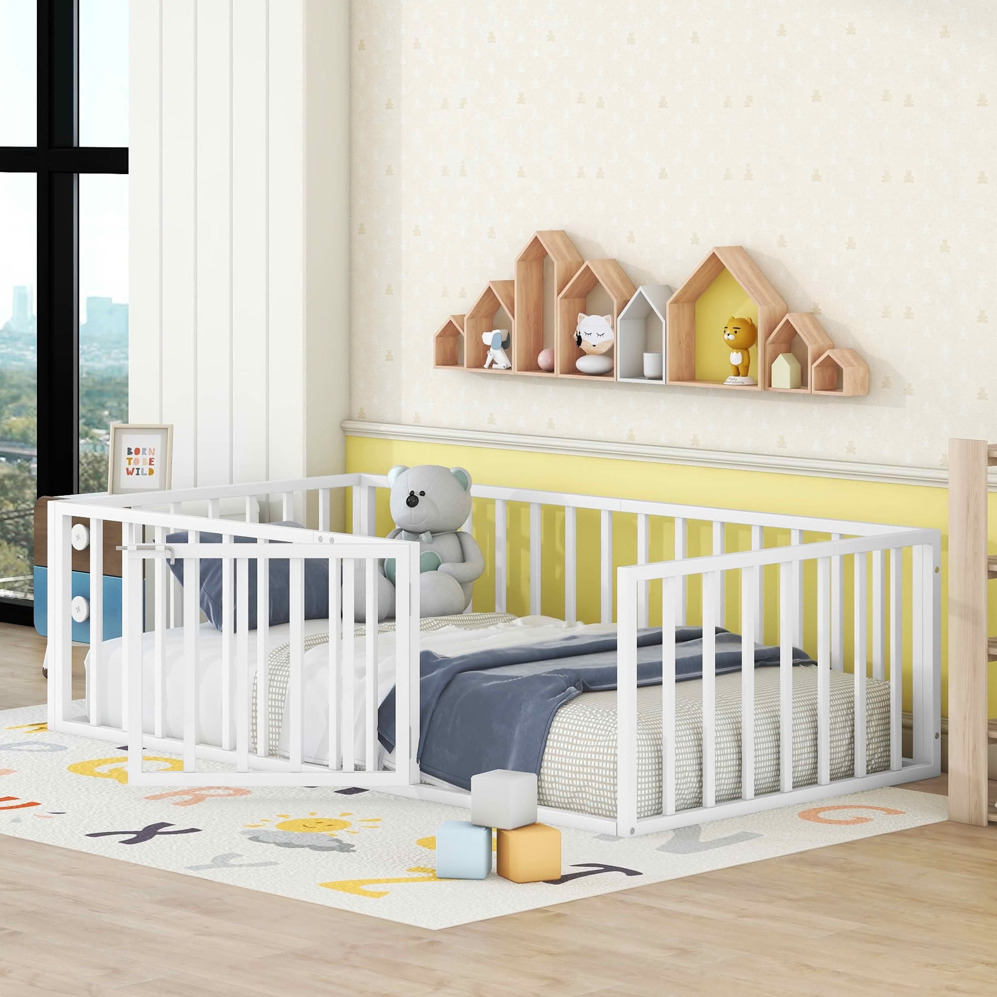 MAYEERTY Metal Floor Bed Frame with Fence and Openable Door Kids Play and Sleep Space