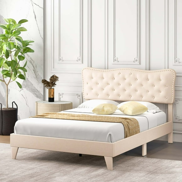 Costway Queen Upholstered Platform Bed Frame Button-Tufted Headboard Mattress Foundation