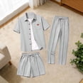 thumbnail image 4 of Eryao Big and Tall Mens Summer Beach Outfit Set 3 Piece Waffle Knit Short Sleeve Button Down Shirts Matching Pants and Shorts with Pockets Casual Color Block Lounge Sets,Gray,XXXL, 4 of 6