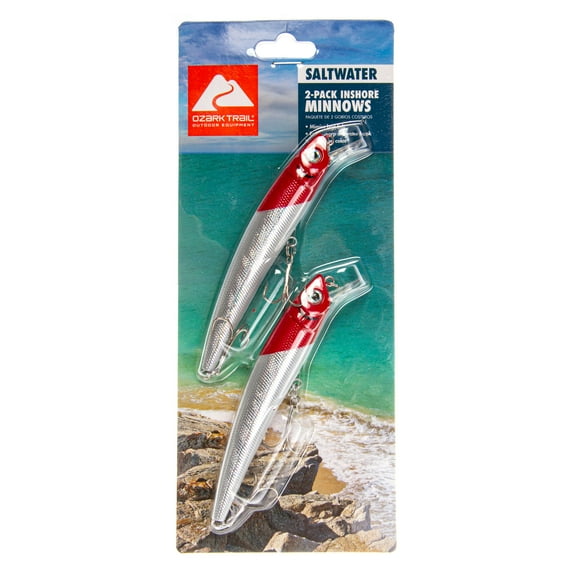 Ozark Trails Hard Plastic Saltwater Inshore Minnow Fishing Lures, 2-Pack. In Fish Attracting Colors.