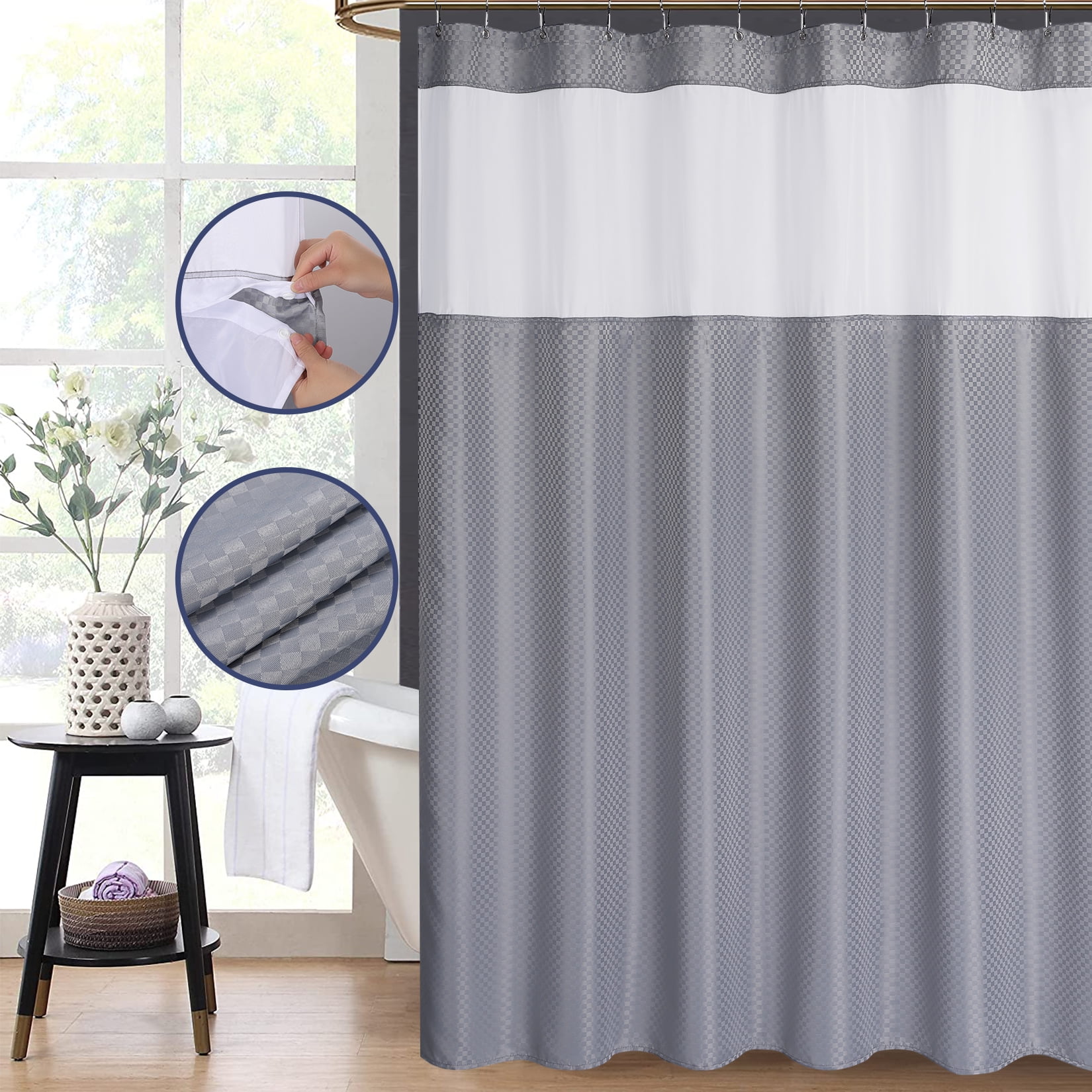 BTTN Waffle Stall Heavy Duty Shower Curtains 280 GSM Hotel Quality Weighted Fabric Shower Curtain for Bathroom 183x91cm,Black Mould Proof Resistant Waterproof Curtain Liner Set with Hooks