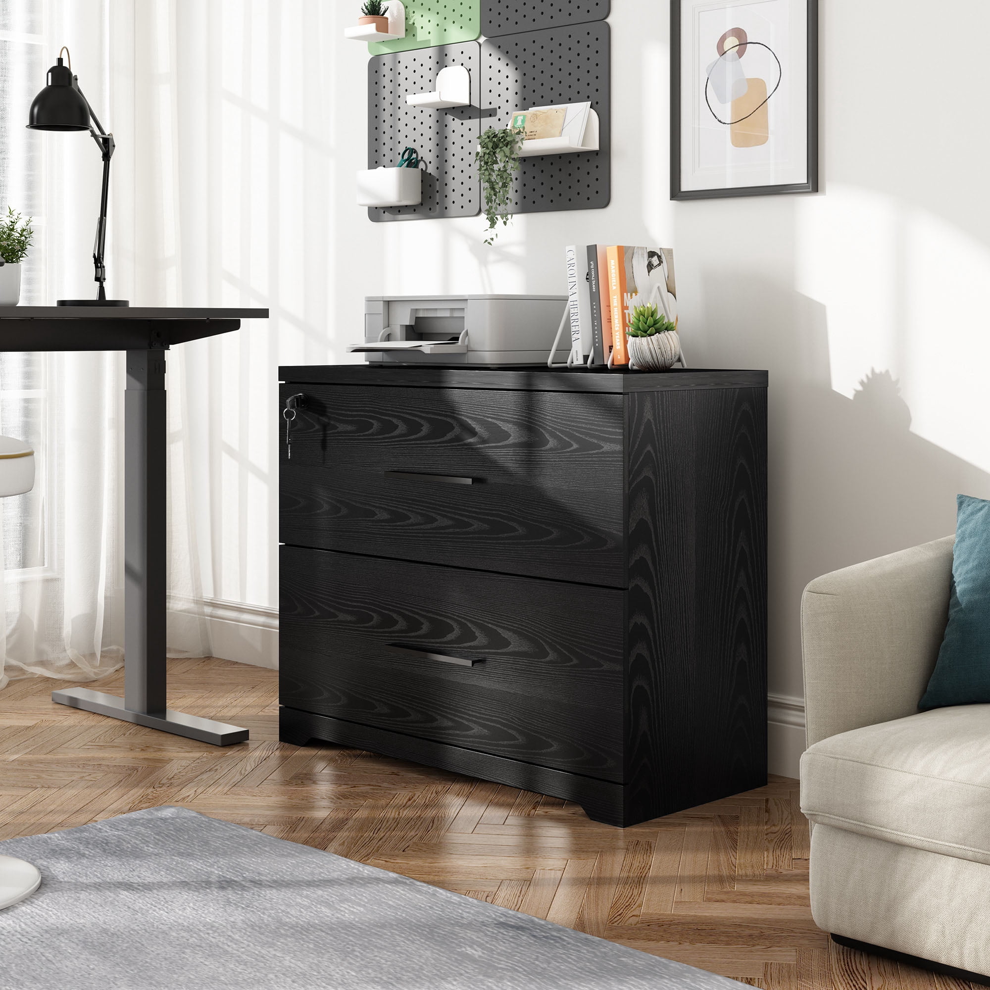 GALAXHERO 2 Drawer File Cabinets Wood Lateral Filing Cabinets with Lock for Home Office, Black
