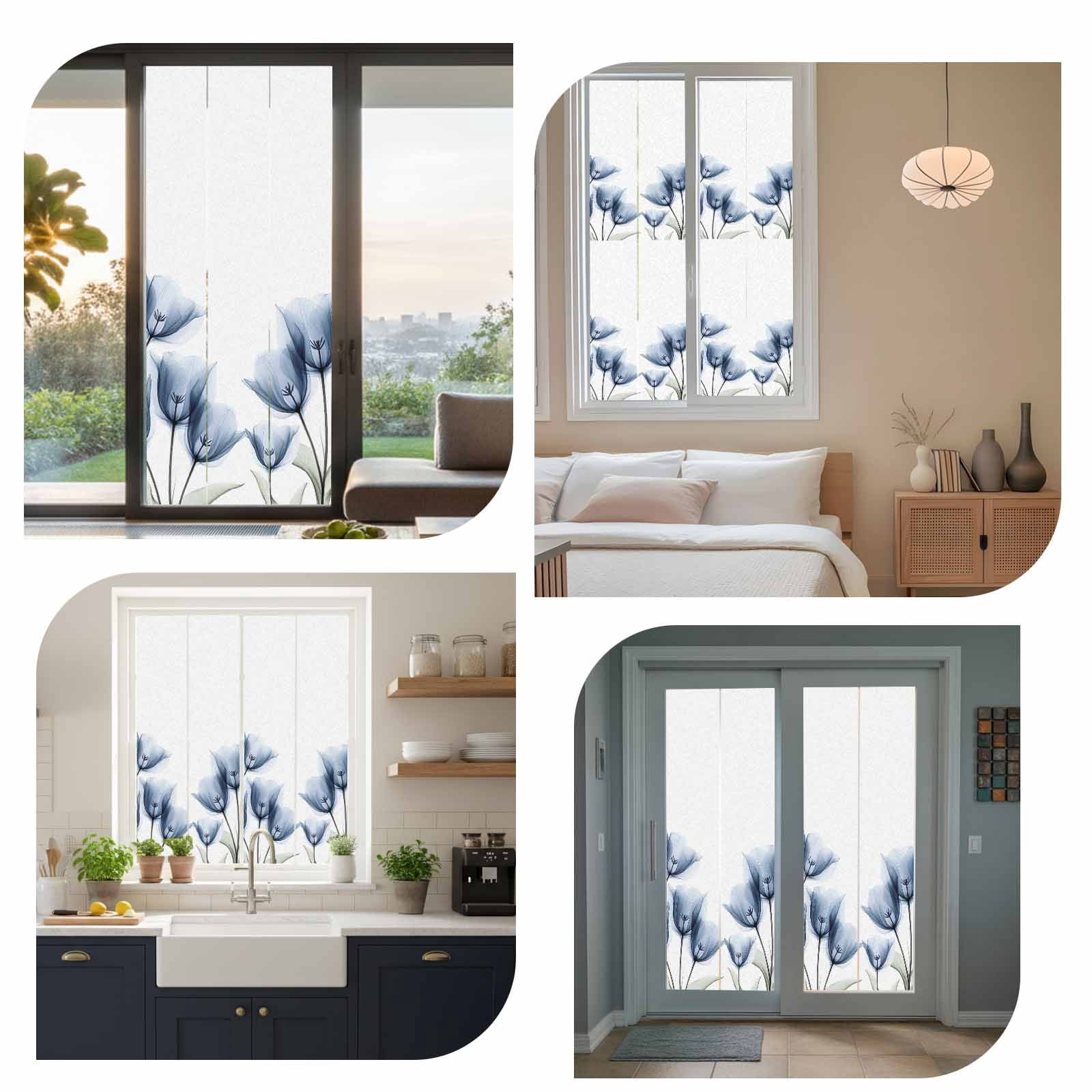 Sun Blocking Glass Window Film, Blue Tulips Floral Window Privacy Film Frosted, Spring Farmhouse Elegant Flowers Reusable Windows Privacy Sticker for Home Decor, Nursery, 23.6 x 78.7 Inches