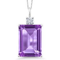 Gem Stone King 925 Sterling Silver Purple Amethyst and White Moissanite from Charles & Colvard Pendant Necklace for Women (15.23 Cttw, Emerald Cut 18X13MM, With 18 inch Silver Chain)