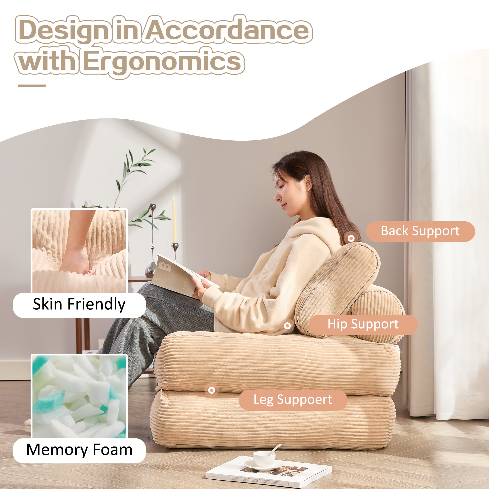 LAKPS Convertible Floor Sofa Bed, Corduroy Modular Lounge Chair with Backrest & Pillow, Folding Tatami Sofa Sleeper for Living Room, Bedroom, Dorm, Camel