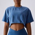 thumbnail image 3 of Camiseta para correr para mujer, manga corta, Color puro, cuello redondo, algodón transpirable, Top de trabajo, azul, 10/M, 3 of 7