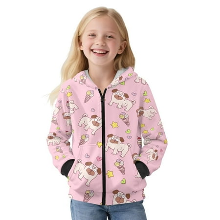 POLERO Girls Pink Zip Up Cropped Hoodies Pug Ice Cream Print Teen Casual Long Sleeve Full-Zip Sweatshirts Jackets with Pockets Size XL