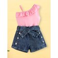 thumbnail image 5 of BemeyourBBs Toddler Baby Girls Summer Outfits Denim 2 Pieces Outfit Baby Girl Summer Clothes Sleeveless One Shoulder Ruffle Tank Vest Tops and Jeans Shorts Set with Belt, 5 of 9