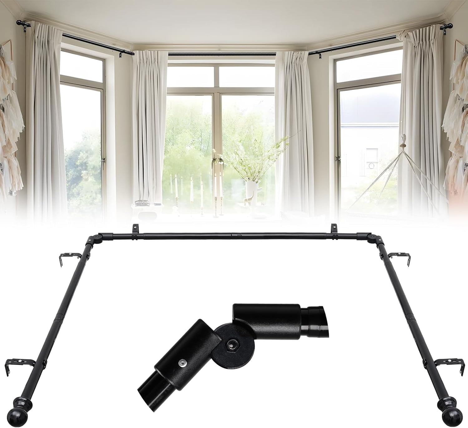 Corner Curtain Rod, 1 Inch Heavy Duty Metal L Shaped Corner window Curtain Rod, 32-136” Adjustable Curved Curtain Rod for Corner Window White