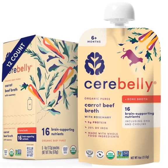 Cerebelly Organic Baby Food Pouches, Carrot Beef Bone Broth Purees, 16 Nutrients, Protein & Healthy Fats, 4oz, 12 Pack