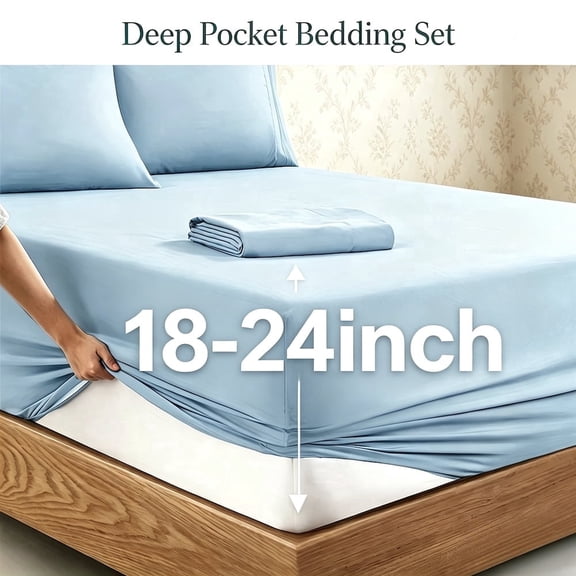 3/4 Pieces Deep Pocket Bedding Sheet Set, Light Blue Twin, Extra Deep Pocket Fitted Sheet Fits 18-24 Inches Thick Mattress, Ultra Soft Wrinkle Resistant Breathable Bed Sheets,