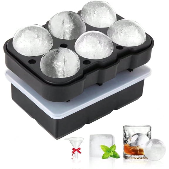 6-Cavity Silicone Ice Ball Mold (Large Round Ice Cubes), Reusable & Flexible for Whiskey, Cocktails, Iced Coffee - Black