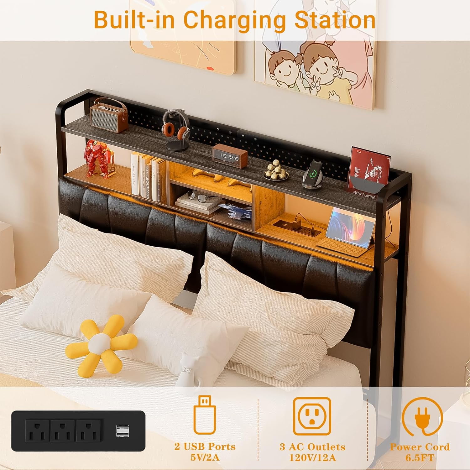 iSunirm Queen Size Upholstered Headboard with Power Outlets, USB Ports & RGB LED Light, Comfy Leather Headboards with Storage Shelf, Sturdy Queen Bed Headboard for Bedroom/Dorm Room, Black Oak