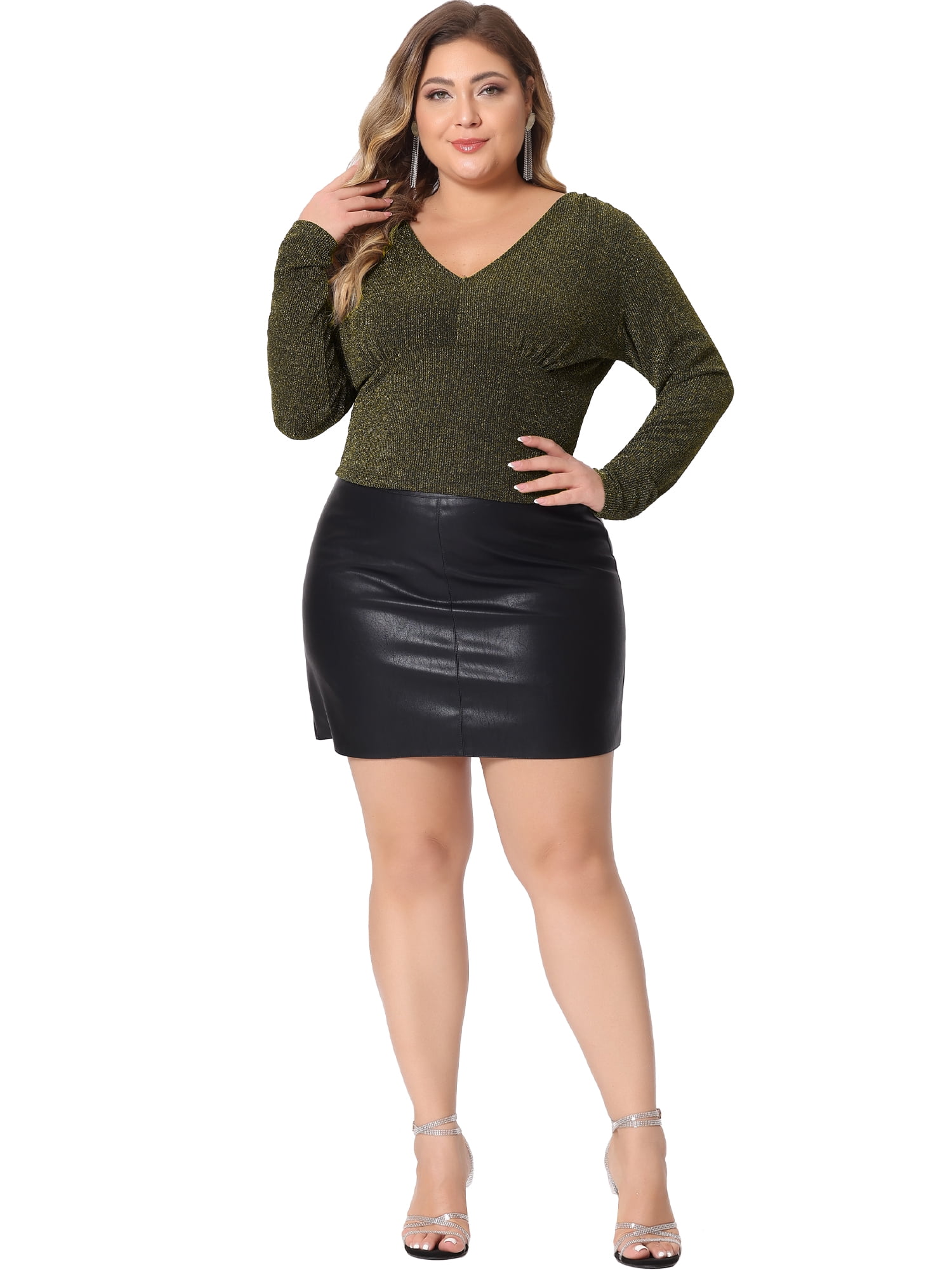 Unique Bargains Women Plus Size Top Metallic V Neck Long Sleeve Glitter Party Blouses Gold 3X