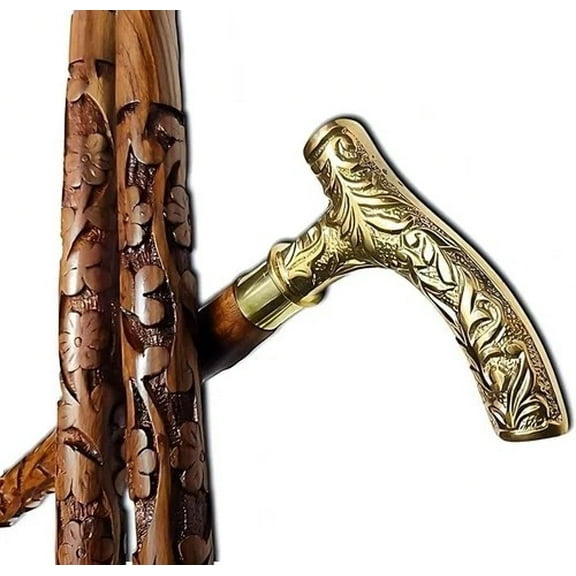 Nautical Style Wooden Walking Cane Floral Carved Design T- Brass Handle Stick