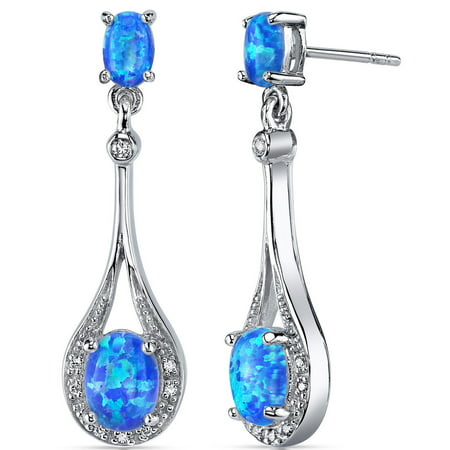 Peora 3.50 Ct Oval Shape Blue-Green Created Opal Sterling Silver Drop Earrings Rhodium Finish