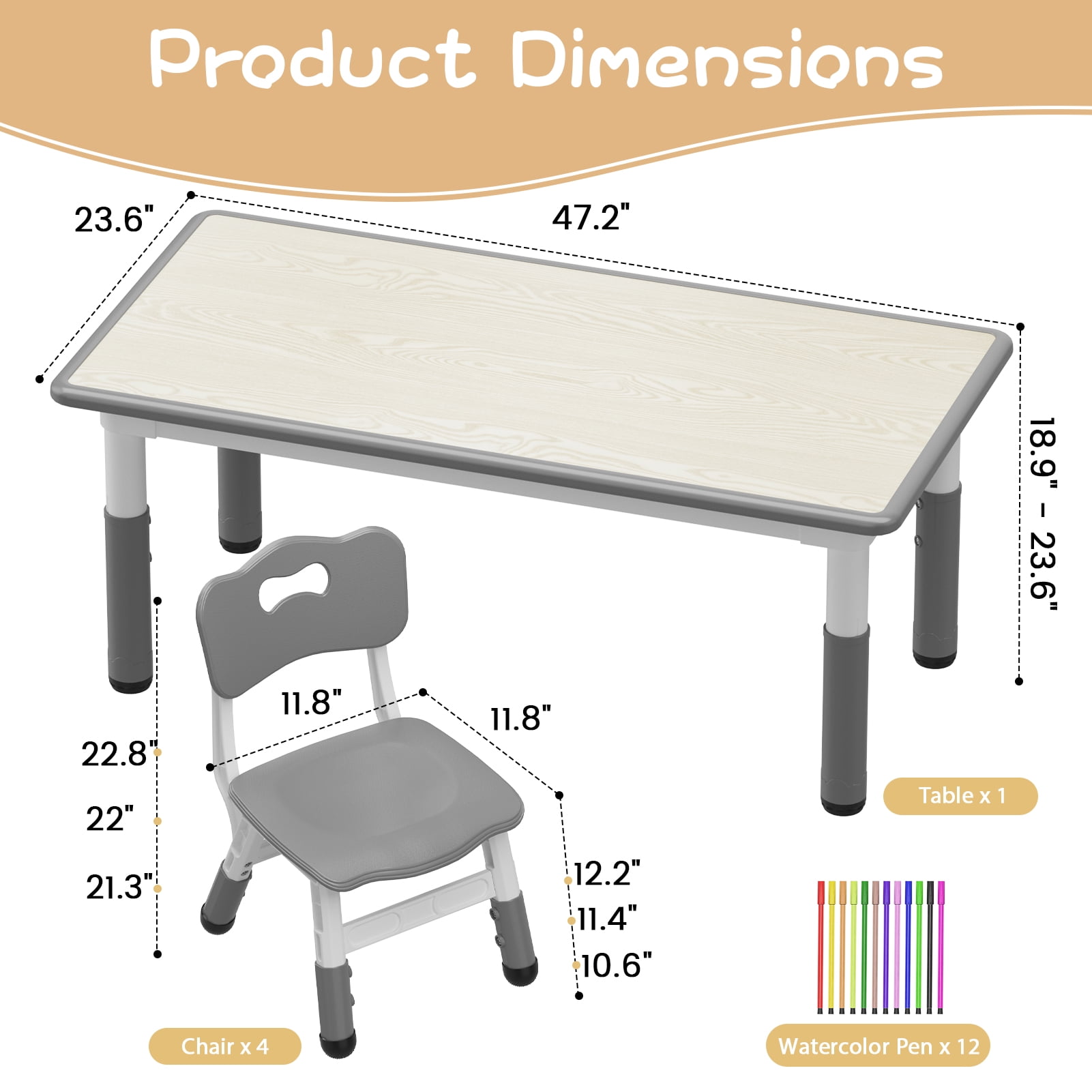 Huisuilinss Kids Table and 4 Chairs Set,Height Adjustable Toddler Table and Chair Set, Graffiti Desktop, Multifunctional Toddler Table for Reading, Drawing, Eating, for Ages Over 3, 23.6''Wx47.2''L