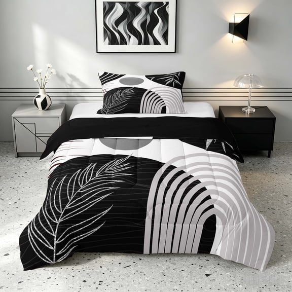 Manfei Boho Sun and Leaf Twin Comforter Sets, Mid Century Geometric Bedding Set, Black and Silver, Black Reversible 2pcs, 1 Comforter and 1 Pillowcase